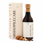 A bottle of Arshopilecare herbal syrup next to its cream-colored packaging box, with whole spices (nutmeg, cardamom, cloves) arranged at the base, on a solid white background.