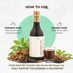 Bottle of Arshopilcare with instructions on how to use it, featuring a glass of liquid and natural ingredients.