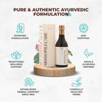 Ayurvedic product with certification icons and text on a white background