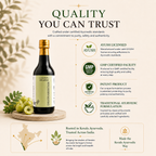 Bottle of Dhatryarishtam Ayurvedic product with certification logos and text on a beige background.