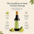 Bottle of Dhathriarishtam with Amla fruits and text on a beige background