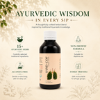 Bottle of Sand-Cof Ayurvedic product with text highlighting its features on a beige background.