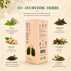 Sand-cof Cough Syrup packaging with Ayurvedic herbs on a beige background