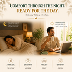 A man and woman in a bedroom with Sand-Cof, highlighting comfort throughout the night and energetic days.